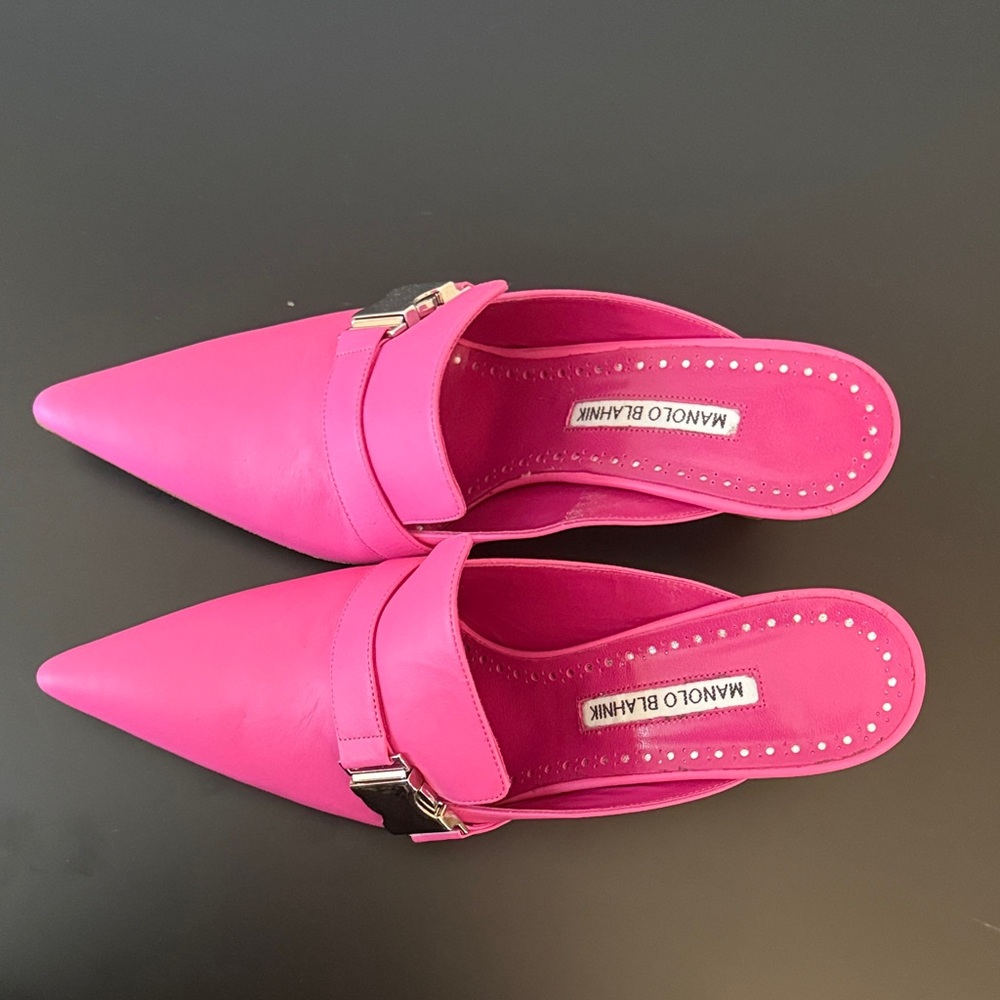 Manolo Blahnik Fuchsia Mules with Silver Buckle - Picture 4 of 15